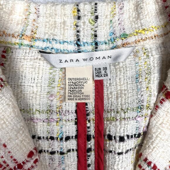 Zara Cream Red Plaid Boucle Cropped Tweed Blazer Jacket Sz 6 Deconstructed Chic - Picture 4 of 14